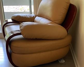 Leather Art-Deco Style Club Chair with Mahogany Veneer Wood Frame. Measures 50" W x 38" D. Photo 2 of 3.