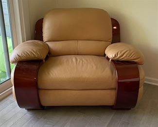 Leather Art-Deco Style Club Chair with Mahogany Veneer Wood Frame. Measures 50" W x 38" D. Photo 1 of 3.