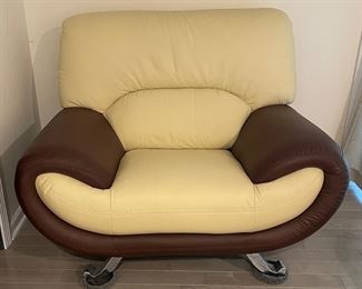 Italian Made Art-Deco Style Club Chair with Chrome Feet and Contrasting Leather Upholstery. Measures 45" W x 36" D. Photo 1 of 3.