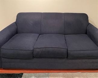 Blue Upholstered 3-Seat Sofa. Measures 84" W x 40" D. Photo 1 of 3.