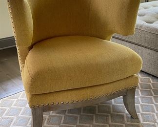 Arhaus Mustard-Yellow Club Chair with Nailhead Trim and Bleached Oak Frame. Measures 31" W x 32" D. Photo 1 of 4.