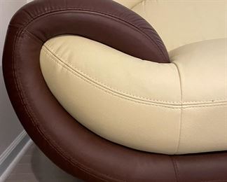 Italian Made Art-Deco Style Club Chair with Chrome Feet and Contrasting Leather Upholstery. Measures 45" W x 36" D. Photo 2 of 3.