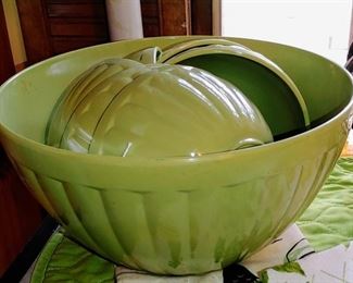 Beautiful lime green modern Mel Mac sculpted serving bowl and six bowls
