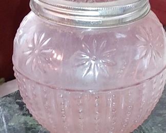 Pink Glass Vintage Screw Top Wire Lid Floral Vase Frog Floral Display
