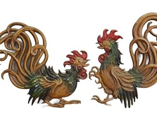 Mid-century modern cast aluminum fighting roosters