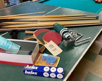 Vintage Pool/Ping Pong Table, Vintage Pool Sticks, Vintage Ping Pong Paddles & Net