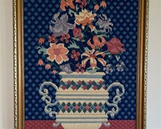 Vintage Crewel Embroidered Picture Framed