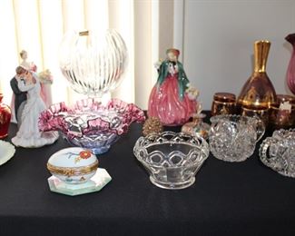 Bride & Groom Figurines, Glassware, Lady Figure, Egg Dresser Dish, Decanter  Glasses