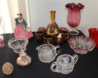 Ruby Vase, Figurines, Cream Sugar, Decanter Set