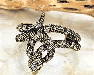 Snake Cuff Bracelet by Carolee Lux New York in Gold Tones with White CZs and Emerald Eyes Sz 7