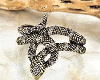 Snake Cuff Bracelet by Carolee Lux New York in Gold Tones with White CZs and Emerald Eyes Sz 7