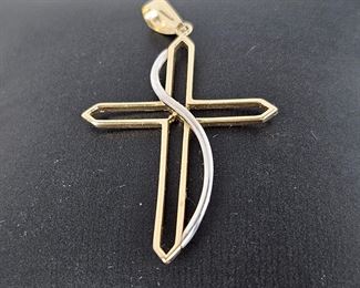 14k Gold Cross Pendant with Silver Accent Down the Front - 1.5" x 1" and Weighs 1.7g