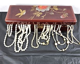  Set of Six Faux Peal Necklaces in an Asian Inspired Lacquered Storage Box 12" Long