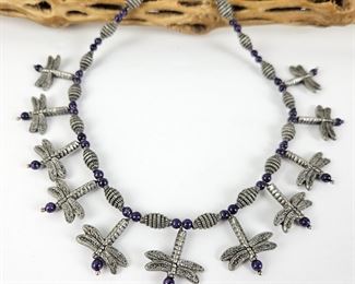 Impressive Heavy Weight Sterling Dragonfly Necklace with Purple Amethyst Accent Beads - 16" (74g)