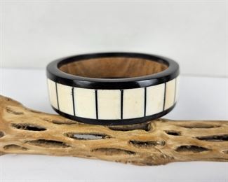 Beautiful and Unique Thick Wood Bangle Bracelet with Genuine Bone Inlays - Sz 7.5 - 8