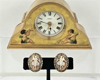 Vintage Italian Shell Dancer Cameo Earrings Plus Small Mantel Clock with Cupids