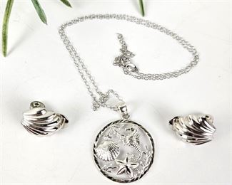  Delicate Sterling Necklace and Round 1" Pendant with Ocean Theme Plus Silver Shell Earrings by Monet