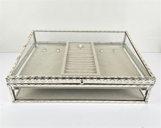 Pottery Barn Two Tier Silver and Glass Jewelry Box Lined in Beige Linen (Crack in Glass on the Back)