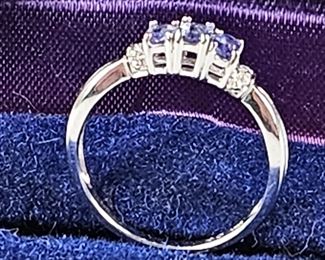 10k White Gold Ring with Three Amethysts and Small CZs - Ring Size 7.
