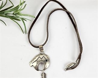 Native American Style 18" Necklace - Leather Necklace with Sterling Bear and Feather Pendant