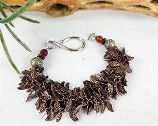 Statement Bracelet Handmade Using Bronze Leaves, Red accent Beads with Silver Closure - 7"