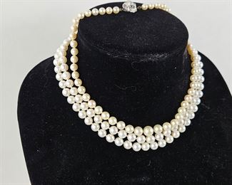 Set of Two Cultured Pearl Necklaces with Beautiful Clasps. Single 14" Strand and Double 16" Strand