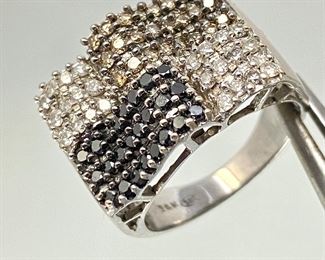  Black, White, & Champagne Diamond Ring in 14k White Gold- sz. 6.75