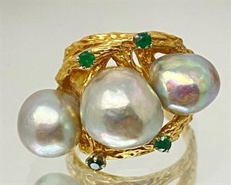 Vintage 14k Yellow Gold Ring with Soft Gray Baroque Pearls & Small Emerald Gemstones