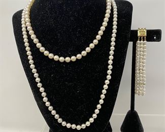 Three Piece Cultured Pearl Set- 24” & 16” Necklaces- 3 Strand Bracelet w/ 14k Gold Clasp