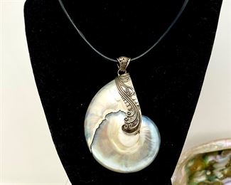 Lot #22  -Sterling Silver & Natural Nautilus Shell Pendant on Corded Chain 