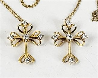  Set of Two Pretty (Unused) Gold Plated Sterling 925 Crosses with Gold Chains and 5 Moissanite Stones Each