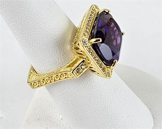 Beautiful & NEW 18k Gold over Sterling Ring w/ 7.25 ctw Amethyst Surrounded by Cz Diamonds Size 7 - 8.4g