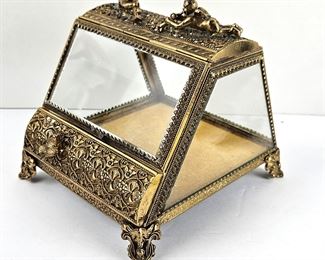 Pretty Vintage Glass Reliquary / Jewelry Box French Victorian Style Beveled Glass with Gold Brass Trim & Footed