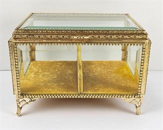 Vintage Victorian Style Glass Jewelry Box with Brass Trim Lined in Gold Velvet - Beveled Glass & Footed