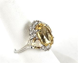  Sterling Silver Ring with Mixed Shaped Citrine .85 ctw - Small white Topaz Stones Circle the Citrine Sz 5.75