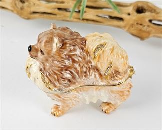 Adorable Enameled Pomeranian Jeweled Trinket Box with Hinged Lid and Austrian Crystals