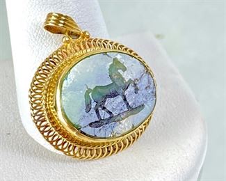  Beautiful Carved Green Tone Agate Pendant in 14k Gold Frame - Horse Carved into the 1" Pendant