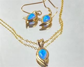 Teardrop Blue Opal Necklace & Earring Set- Gold on Sterling Silver