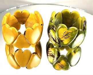 Set of Two Elastic Bracelets w/ Heart Shaped Tagua Nut Beads - Each 1 3/4" Tall