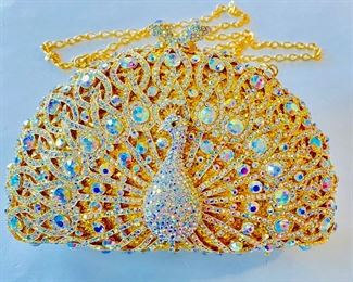 Peacock Luxury Evening Bag - Bridal Clutch in Gold and Clear Crystals -NEW 