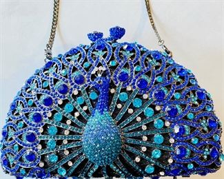 -Peacock Luxury Evening Bag/Clutch in Blue Tone Crystals -NEW