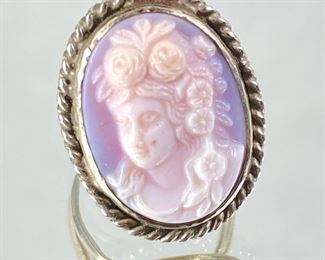 Antique Pink Lady Carved Cameo and Sterling Silver Ring sz. 5
