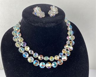  Vintage 1950's Magical Aurora Borealis Crystal Two Strand Necklace Earring Set by Lisner