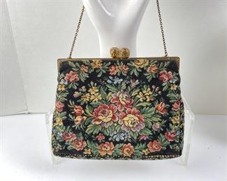  1930's Petit Point Needlepoint Embroidered Floral Tapestry Handbag Made in France