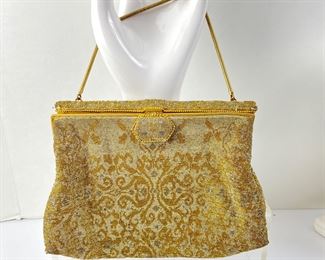 Antique Handbag- A Work of Art Made w/ Tiny Gold Glass Beads - Gold Chain, Magnetic Closure