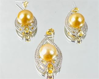  Golden South Sea Pearl Pendant & Earring Set w/ Topaz & Citrine on Sterling Silver
