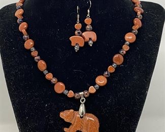 Sweet Goldstone Bear & Beaded Necklace with Matching Earring Set