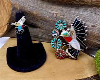  Zuni Multicolored Inlay Hummingbird Pendant or Brooch & Ring