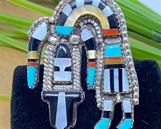  Vintage Zuni Rainbow Man Sterling Silver Inlaid Ring sz. 8.5