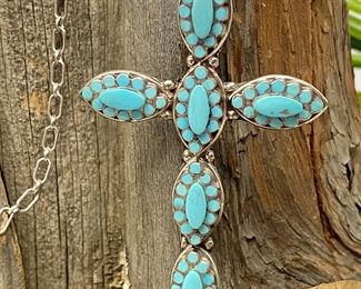Sterling Silver Large Cluster Cross w/ Turquoise on 20” Chain